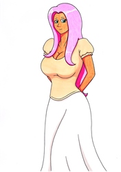 Size: 2458x3487 | Tagged: safe, artist:killerteddybear94, fluttershy, human, g4, big breasts, breasts, busty fluttershy, clothes, hands behind back, high res, humanized, long skirt, looking at you, pink hair, shirt, skirt, smiling, smiling at you, solo, t-shirt, traditional art