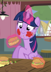 Size: 634x889 | Tagged: safe, screencap, twilight sparkle, alicorn, pony, g4, twilight time, burger, cropped, female, food, glowing horn, hay burger, horn, levitation, magic, messy eating, smiling, solo, telekinesis, that pony sure does love burgers, the hayburger, twilight burgkle, twilight sparkle (alicorn)