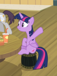 Size: 520x686 | Tagged: safe, screencap, twilight sparkle, alicorn, pony, g4, twilight time, cropped, drink, female, hoof in air, sitting, smiling, table, twilight sparkle (alicorn)