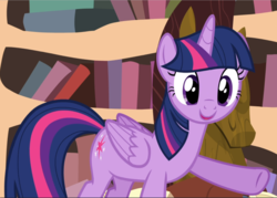 Size: 1316x940 | Tagged: safe, screencap, twilight sparkle, alicorn, pony, g4, twilight time, cropped, female, golden oaks library, pointing, smiling, twilight sparkle (alicorn)