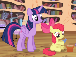 Size: 1052x789 | Tagged: safe, screencap, apple bloom, twilight sparkle, alicorn, earth pony, pony, g4, twilight time, cropped, female, filly, flower pot, golden oaks library, holding, mare, potion, potion making, sitting, smiling, teaching, twilight sparkle (alicorn), underhoof, watching