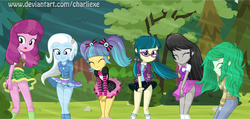Size: 966x460 | Tagged: safe, alternate version, artist:charliexe, cheerilee, juniper montage, octavia melody, pixel pizazz, trixie, wallflower blush, equestria girls, g4, blue underwear, bow, bowtie, bush, clothes, embarrassed, embarrassed underwear exposure, eyes closed, female, freckles, glasses, grass, hoodie, jacket, legs, looking back, looking down, miniskirt, open mouth, panties, pants, pigtails, skirt, skirt flip, skirt lift, socks, sweater, the windy six, thighs, tree, twintails, underwear, upskirt, white underwear, wind