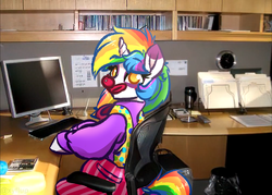 Size: 1008x720 | Tagged: safe, artist:witchtaunter, lyra heartstrings, pony, unicorn, g4, casual friday, chair, clown, clown makeup, clown nose, clown outfit, computer, female, i don't get it, keyboard, mare, meme, monitor, rainbow hair, reaction image, red nose, sitting, solo, wat