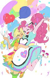 Size: 903x1400 | Tagged: safe, artist:puri__kyua, applejack, pinkie pie, coinky-dink world, equestria girls, g4, my little pony equestria girls: summertime shorts, shake things up!, anime, balloon, confetti, cute, diner uniform, duo, duo female, female, hairnet, hug, jumping, one eye closed, roller skates, server pinkie pie, smiling
