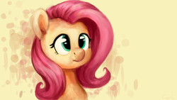 Size: 4409x2480 | Tagged: safe, artist:aemuhn, fluttershy, pegasus, pony, g4, :i, abstract background, bust, female, mare, portrait, solo, three quarter view, unsure
