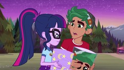 Size: 1280x720 | Tagged: safe, screencap, sci-twi, timber spruce, twilight sparkle, equestria girls, g4, my little pony equestria girls: legend of everfree, camp everfree outfits, clothes, female, forest, glasses, lantern, ponytail, sad