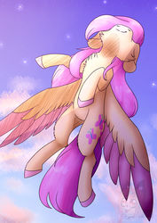 Size: 1280x1810 | Tagged: safe, artist:charadreamers, fluttershy, pegasus, pony, g4, cheek fluff, chest fluff, colored hooves, colored wings, female, flying, looking up, mare, sky, solo, spread wings, stars, wings