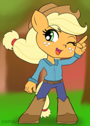 Size: 714x1000 | Tagged: safe, artist:empyu, applejack, earth pony, anthro, plantigrade anthro, g4, boots, chibi, clothes, cowboy hat, female, freckles, happy, hat, one eye closed, open mouth, pants, solo, stetson, wink
