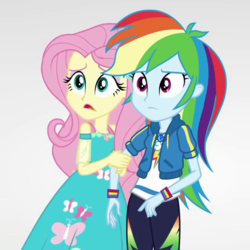 Size: 720x720 | Tagged: safe, screencap, fluttershy, rainbow dash, equestria girls, equestria girls series, g4, rollercoaster of friendship, cropped, duo, female, geode of fauna, geode of super speed, magical geodes