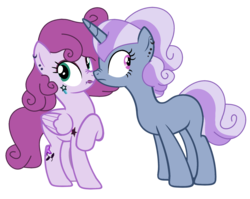 Size: 2005x1597 | Tagged: safe, artist:pegasski, artist:space--paws0w0, oc, oc only, oc:flower shines, oc:sunray zap, pegasus, pony, unicorn, icey-verse, g4, base used, blank flank, boop, ear piercing, earring, eyeshadow, female, jewelry, lip piercing, lipstick, magical lesbian spawn, makeup, mare, next generation, noseboop, offspring, parent:bluebonnet, parent:rolling thunder, parent:sunshine petals, parents:bluethunder, parents:rollingpetals, piercing, raised hoof, siblings, simple background, sisters, tattoo, transparent background