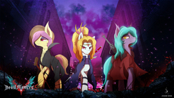 Size: 3840x2160 | Tagged: safe, artist:zidanemina, oc, oc only, oc:equalis, pony, city, clothes, dante (devil may cry), demon hunter, devil may cry, devil may cry 5, high res, nero (devil may cry), not adagio dazzle, sword, v (devil may cry), video game crossover, weapon