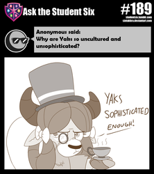 Size: 800x901 | Tagged: safe, artist:sintakhra, yona, yak, tumblr:studentsix, g4, female, food, hat, hilarious in hindsight, monochrome, monocle, monocle and top hat, solo, sophisticated as hell, tea, top hat