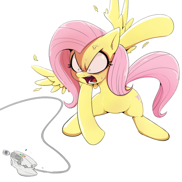 1986483 - safe, artist:shoutingisfun, edit, fluttershy, pegasus, pony,  controller, destruction, dreamcast, feather, female, flutterrage, mare, rage,  rage quit, sega dreamcast, shrunken pupils, simple background, solo, spread  wings, throwing