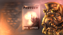 Size: 1920x1080 | Tagged: safe, artist:cyrilunicorn, oc, oc only, earth pony, pony, fallout equestria, armor, fanfic, fanfic art, ministry of wartime technology, poster, power armor, propaganda, solo, steel ranger