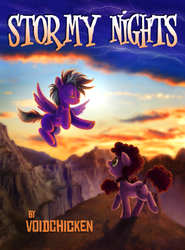 Size: 592x800 | Tagged: safe, artist:voodoo-tiki, oc, earth pony, pegasus, pony, fanfic:stormy nights, cliff, fanfic, fanfic art, fanfic cover