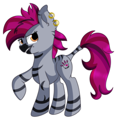 Size: 2857x3000 | Tagged: safe, artist:rainbowtashie, oc, oc only, oc:zjin-wolfwalker, pony, zebra, angry, ear piercing, earring, female, high res, jewelry, mare, piercing, quadrupedal, simple background, solo, transparent background