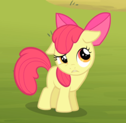 Size: 871x849 | Tagged: safe, screencap, apple bloom, earth pony, pony, g4, season 4, somepony to watch over me, adorabloom, apple bloom's bow, bow, cropped, cute, female, filly, floppy ears, frown, golden eyes, hair bow, red hair, red mane, red tail, solo, tail, yellow body, yellow coat, yellow fur, yellow pony
