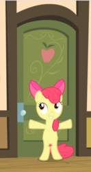 Size: 466x879 | Tagged: safe, screencap, apple bloom, earth pony, pony, g4, somepony to watch over me, adorabloom, bipedal, blocking, bow, cropped, cute, door, female, filly, hair bow, smiling, solo