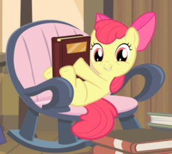 Size: 772x692 | Tagged: safe, screencap, apple bloom, earth pony, pony, g4, somepony to watch over me, adorabloom, book, bow, chair, cropped, cute, female, filly, hair bow, looking at you, lying down, rocking chair, smiling, solo