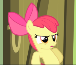 Size: 804x687 | Tagged: safe, screencap, apple bloom, earth pony, pony, g4, somepony to watch over me, apple bloom is not amused, blocking, cropped, door, female, filly, open mouth, solo, unamused