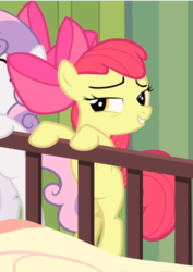 Size: 602x848 | Tagged: safe, screencap, apple bloom, sweetie belle, earth pony, pony, unicorn, g4, somepony to watch over me, apple bloom's bow, bow, cropped, female, filly, hair bow, lidded eyes, offscreen character, smiling, smirk, solo focus