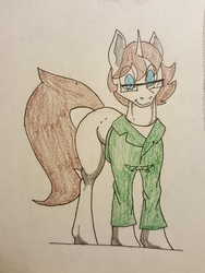 Size: 2988x3984 | Tagged: safe, artist:tracerpainter, oc, oc only, oc:paper butt, pony, unicorn, clothes, coat, glasses, high res, male, simple background, solo, traditional art