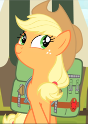 Size: 664x940 | Tagged: safe, screencap, applejack, earth pony, pony, g4, somepony to watch over me, applejack's hat, cowboy hat, cropped, cute, female, freckles, harness, hat, jackabetes, looking to the left, mare, saddle bag, smiling, solo, stetson