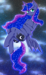 Size: 737x1200 | Tagged: safe, artist:divided-s, princess luna, alicorn, semi-anthro, g4, arm hooves, both cutie marks, cute, dock, ethereal mane, eyeshadow, female, lunabetes, makeup, night, pixiv, sky, solo, starry mane, stars