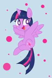 Size: 745x1100 | Tagged: safe, artist:ch-chau, twilight sparkle, alicorn, pony, blue background, bubble, chibi, circle, cute, female, flying, mare, open mouth, simple background, smiling, solo, spread wings, twiabetes, twilight sparkle (alicorn), white pupils, wings