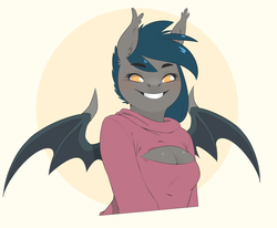 Size: 2405x1985 | Tagged: safe, artist:blah-blah-turner, oc, oc only, oc:speck, bat pony, anthro, anthro oc, bat pony oc, boob window, breasts, cleavage, female, grin, looking at you, mare, slasher smile, smiling, solo