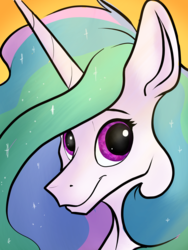 Size: 3120x4160 | Tagged: safe, artist:greyscaleart, princess celestia, alicorn, pony, g4, bust, female, looking at you, mare, purple eyes, simple background, solo, yellow background