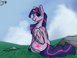 Size: 4160x3120 | Tagged: safe, artist:greyscaleart, twilight sparkle, alicorn, pony, g4, female, looking at you, looking back, looking back at you, mare, open mouth, rear view, sitting, smiling, solo, twilight sparkle (alicorn)