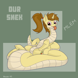 Size: 1500x1500 | Tagged: safe, artist:rubiont, oc, oc only, oc:katya ironstead, alicorn, original species, pony, snake, snake pony, alicorn oc, big tail, communism, fat tail, long neck, lying down, mlem, our, silly, soviet, tail, tongue out