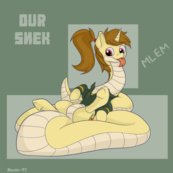 Size: 1500x1500 | Tagged: safe, alternate version, artist:rubiont, oc, oc only, oc:katya ironstead, alicorn, original species, pony, snake, snake pony, alicorn oc, big tail, clothes, communism, fat tail, long neck, lying down, mlem, our, silly, soviet, tail, tongue out