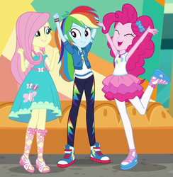 Size: 696x714 | Tagged: safe, screencap, fluttershy, pinkie pie, rainbow dash, equestria girls, equestria girls specials, g4, my little pony equestria girls: better together, my little pony equestria girls: rollercoaster of friendship, armpits, clothes, converse, cropped, dress, eyes closed, eyeshadow, feet, female, geode of empathy, geode of fauna, geode of shielding, geode of sugar bombs, geode of super speed, geode of super strength, geode of telekinesis, magical geodes, makeup, open mouth, sandals, shoes, sneakers, toes, trio, trio female, varying degrees