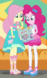 Size: 428x707 | Tagged: safe, screencap, fluttershy, pinkie pie, equestria girls, equestria girls specials, g4, my little pony equestria girls: better together, my little pony equestria girls: rollercoaster of friendship, cropped, duo, female, geode of fauna, geode of sugar bombs, magical geodes, map