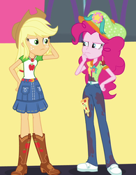 Size: 735x941 | Tagged: safe, screencap, applejack, pinkie pie, equestria girls, equestria girls specials, g4, my little pony equestria girls: better together, my little pony equestria girls: rollercoaster of friendship, boots, clothes, cowboy boots, cowboy hat, cropped, duo, fun inspector, fun inspector pinkie, geode of super strength, hat, magical geodes, shoes