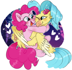 Size: 1035x1005 | Tagged: safe, artist:incubugs, pinkie pie, princess skystar, earth pony, hippogriff, pony, g4, my little pony: the movie, beak, blushing, cute, digital art, female, freckles, friendship, happy, heart eyes, hug, looking at each other, mare, open mouth, simple background, smiling, transparent background, wingding eyes, wings