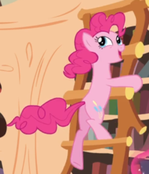 Size: 446x519 | Tagged: safe, screencap, pinkie pie, earth pony, pony, g4, maud pie (episode), balloonbutt, bipedal, butt, cropped, cute, diapinkes, female, golden oaks library, ladder, mare, open mouth, plot, smiling, solo
