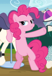 Size: 555x807 | Tagged: safe, screencap, pinkie pie, earth pony, pony, g4, maud pie (episode), bipedal, bipedal leaning, cropped, female, leaning, lidded eyes, mannequin, mare, pointing, raised hoof, smiling