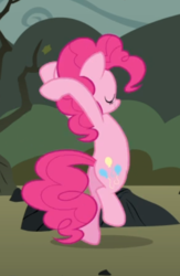 Size: 379x581 | Tagged: safe, screencap, pinkie pie, earth pony, pony, g4, maud pie (episode), season 4, balancing, bipedal, cropped, cute, diapinkes, eyes closed, female, hooves behind head, mare, pinkie being pinkie, raised leg, smiling, solo, twirl