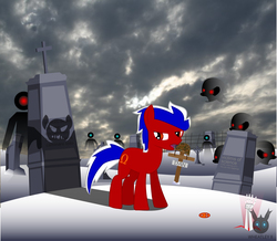 Size: 2940x2565 | Tagged: safe, artist:wheatley r.h., oc, oc only, oc:omega(alfa), earth pony, ghost, pony, angry, button, clint eastwood, cloud, cloudy, cutie mark, fissure, gorillaz, gradient eyes, gravestone, graveyard, grid, hand, head, high res, horror, looking back, male, mane, red eyes, red fur, scary, shadow, single panel, solo, spanish text, surrounded, tail, translated in the description, two toned mane, two toned tail, vector, watermark