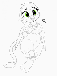 Size: 1280x1712 | Tagged: safe, artist:pabbley, gabby, griffon, g4, 30 minute art challenge, cute, female, gabbybetes, heart, lineart, monochrome, on back, open mouth, partial color, paws, solo
