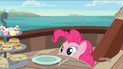 Size: 980x551 | Tagged: safe, screencap, pinkie pie, earth pony, pony, g4, ppov, season 6, animated, cute, diapinkes, female, food, gif, jumping, lifejacket, macaron, mare, open mouth, perfect loop, sandwich, solo