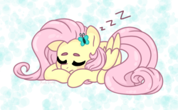 Size: 1200x740 | Tagged: safe, artist:ch-chau, artist:pink-pone, fluttershy, butterfly, pegasus, pony, g4, abstract background, collaboration, cute, eyes closed, female, folded wings, lying down, mare, onomatopoeia, prone, shyabetes, sleeping, solo, wings, zzz