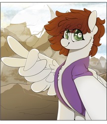 Size: 1761x2048 | Tagged: safe, artist:liefsong, oc, oc only, oc:graph travel, pegasus, pony, clothes, exploring, female, freckles, looking at you, mare, mountain, peace sign, selfie, solo, vest, wing hands