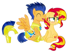 Size: 2400x1800 | Tagged: dead source, safe, artist:smallbluetiger, flash sentry, sunset shimmer, pegasus, pony, unicorn, g4, ^^, armor, blushing, cute, diasentres, eyes closed, female, floppy ears, helmet, hoof shoes, male, mare, open mouth, shimmerbetes, ship:flashimmer, shipping, simple background, sitting, spread wings, stallion, straight, transparent background, wings
