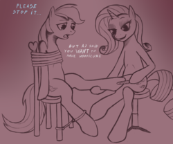 Size: 960x800 | Tagged: safe, artist:sigmatura, rainbow dash, rarity, pegasus, pony, unicorn, g4, abuse, bondage, chair, crying, dashabuse, dialogue, female, forced, hooficure, monochrome, pure unfiltered evil, sitting, smiling, tied to chair, tied up