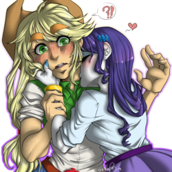 Size: 1000x1000 | Tagged: safe, artist:mysticcoral, applejack, rarity, human, equestria girls, g4, blushing, cute, duo, exclamation point, female, hand on cheek, heart, interrobang, kissing, lesbian, love, neck kiss, passionate, question mark, ship:rarijack, shipping, simple background, surprise kiss, surprised, transparent background