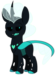 Size: 1645x2230 | Tagged: safe, artist:taaffeiite, derpibooru exclusive, oc, oc only, oc:soul the changeling, changedling, changeling, black sclera, blue changeling, blue tongue, changedling oc, changeling oc, colored hooves, fangs, female, mare, open mouth, simple background, solo, sparkles, transparent background